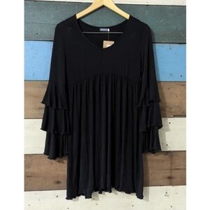 Earthbound Trading Co. Women Black Casual Dress Med Tier Bell Sleeve Boho D